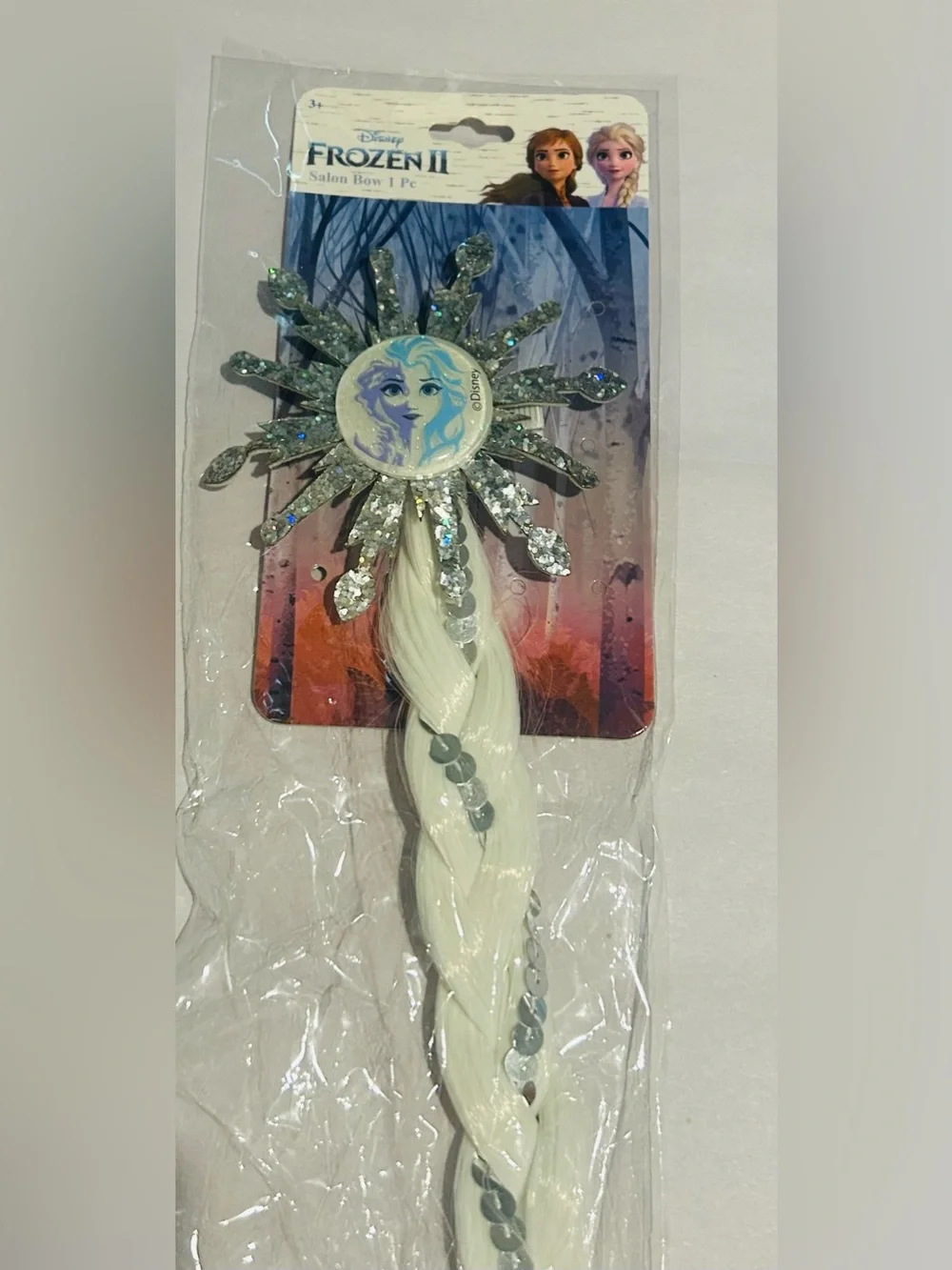 New Disney Frozen 11 Salon Bow with Faux Hair White Braid with Glitter Elsa